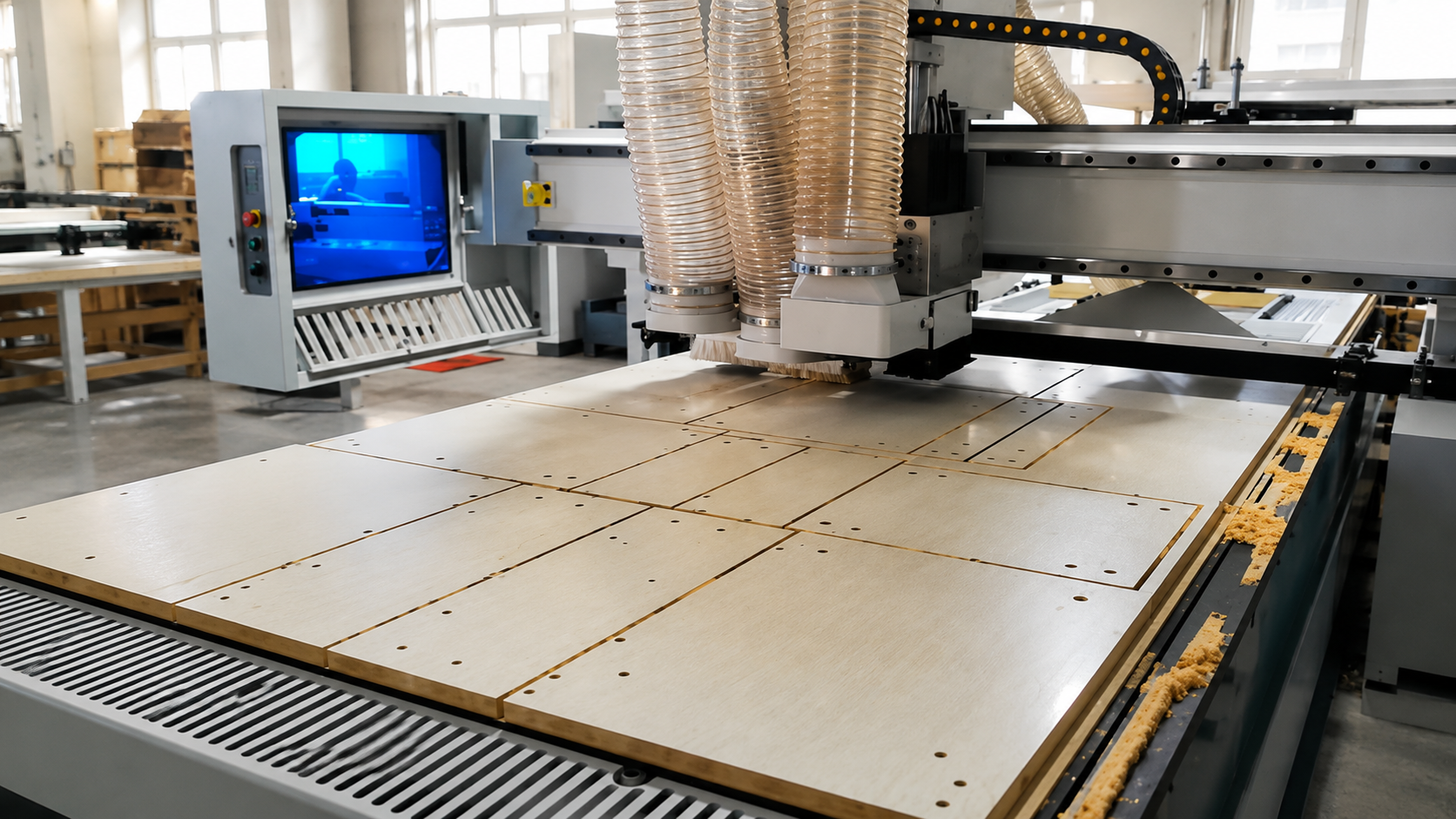 Equipamento CNC produzindo múltiplas peças padronizadas em escala